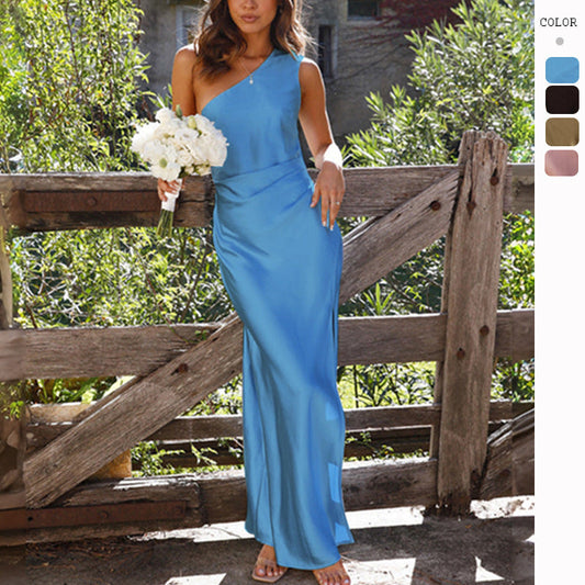 Rachel – Slim One-shoulder Split Satin Dress