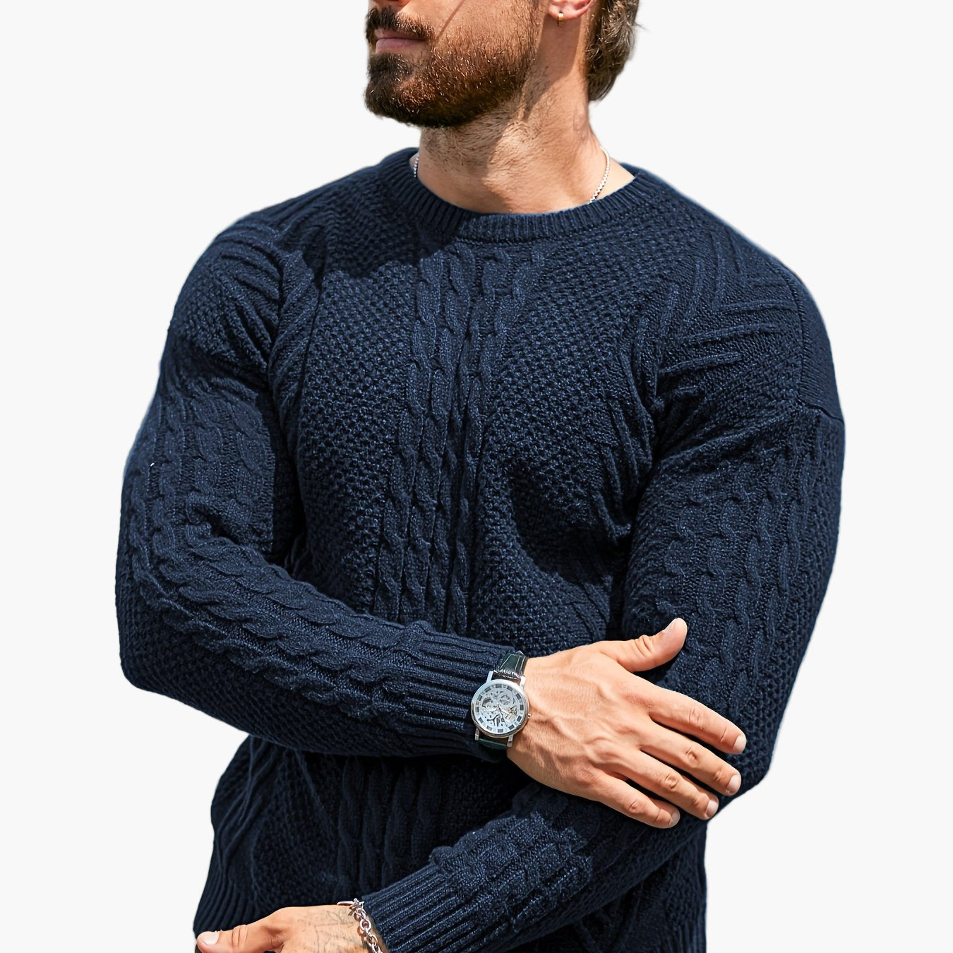 Herrstickad Tröja – Elegant Kabelstickad Pullover för Höst och Vinter – Avslappnad Stil
