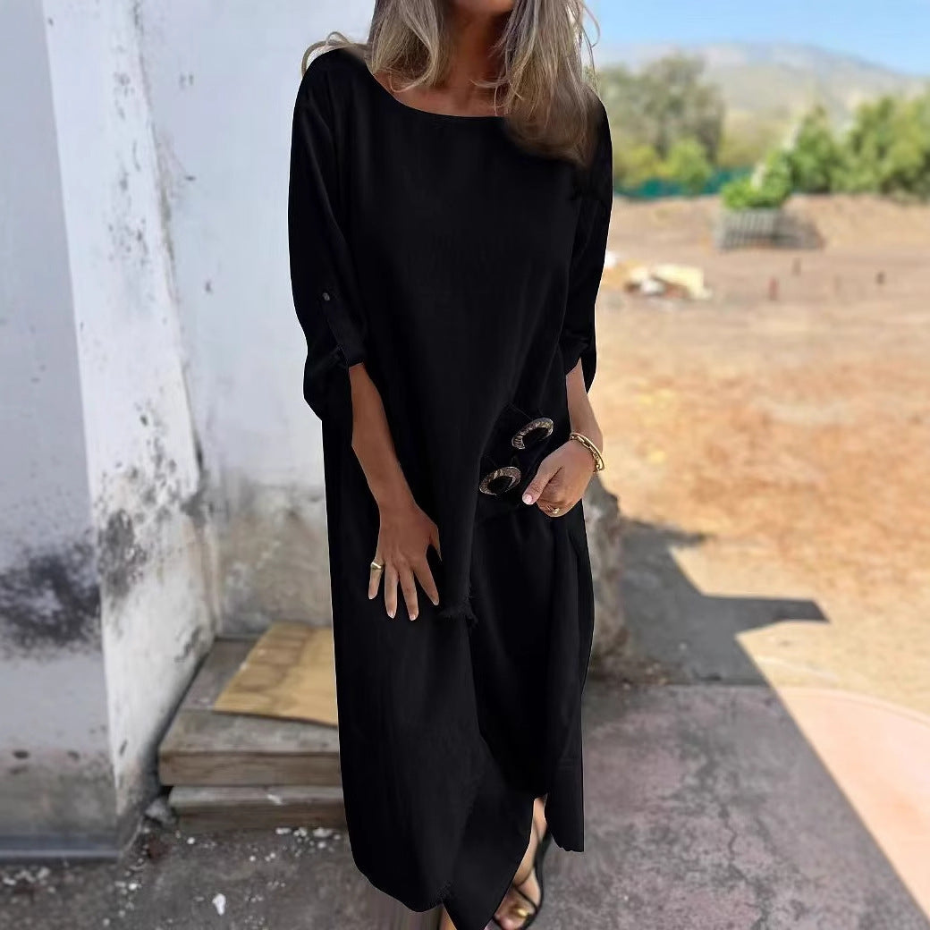 Imogen – Lång kostym med metallknappdesign och rund hals, långärmad topp och raka byxor