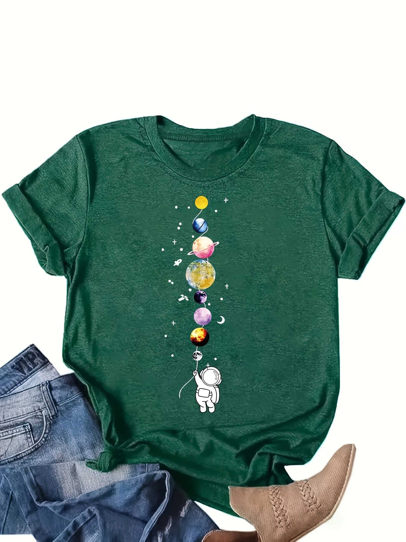 Dam T-shirt med Astronaut och Planeter – Trendig och Kreativ Design, Casual Stil
