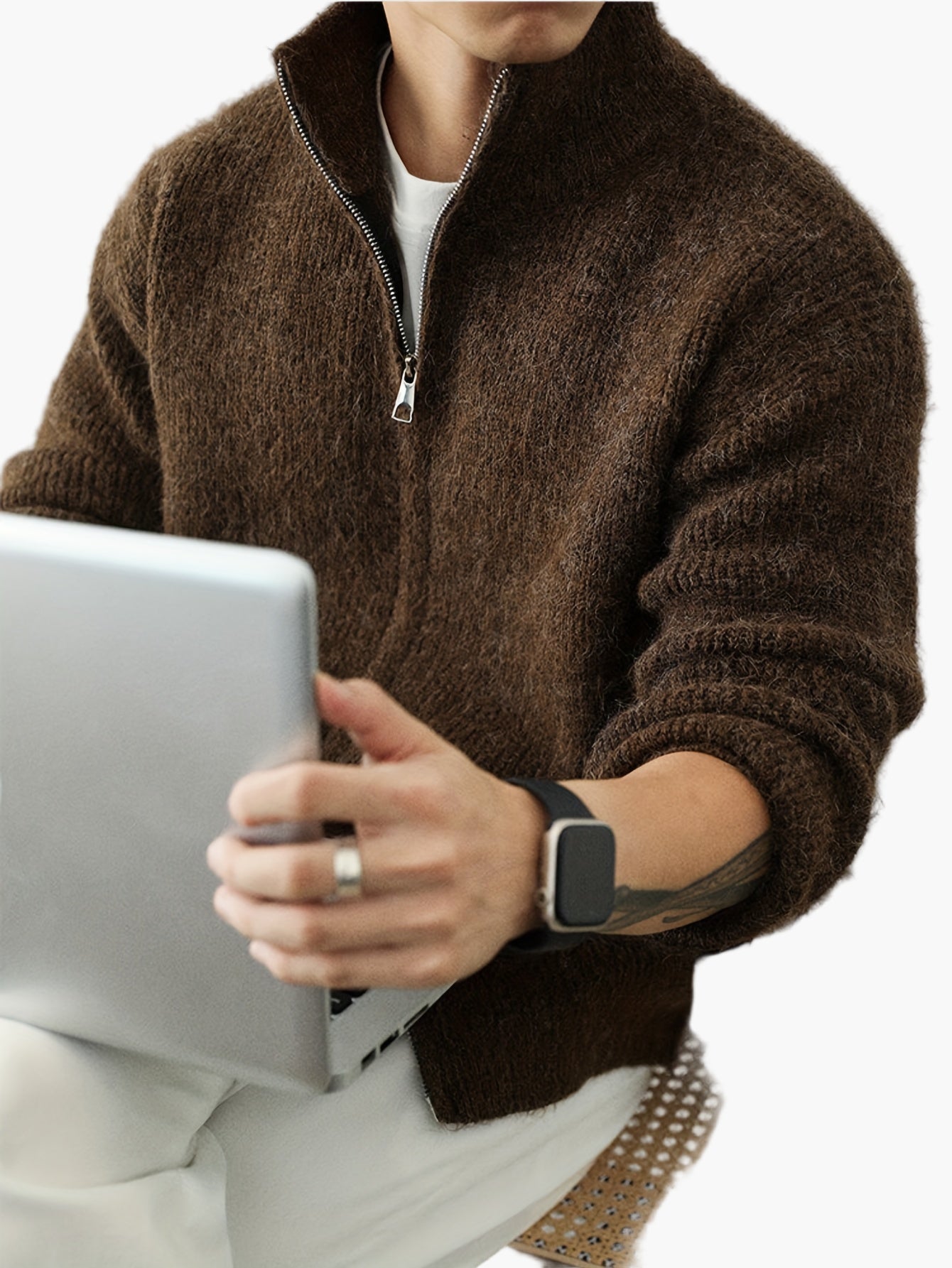 Herr – Stickad halvzip tröja med avslappnad passform, perfekt för vardag och lager-på-lager-stil