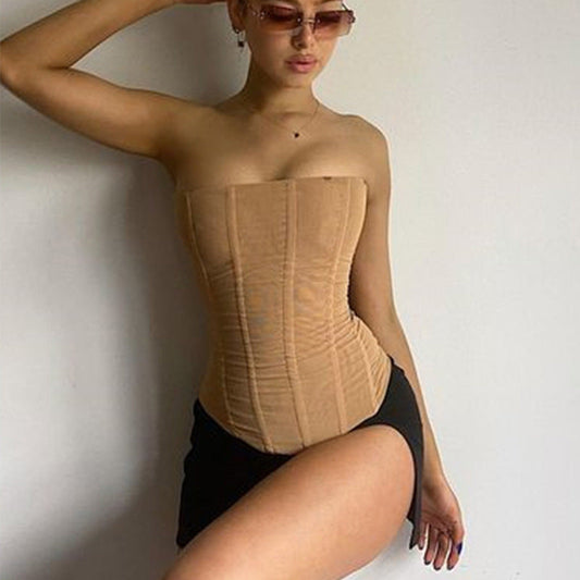 Melanie – Snäv ärmlös tubtopp med mesh för kvinnor sommaren ny crop corset tank fest gata