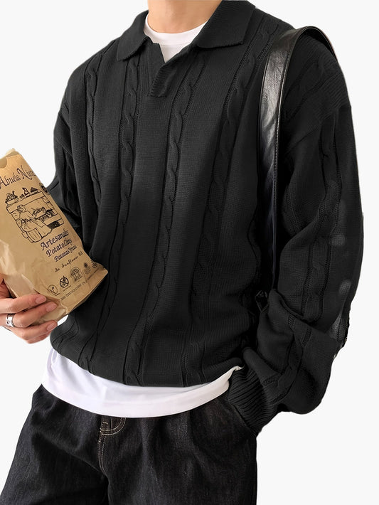 Herrtröja med kabelstickat mönster och polokrage – Avslappnad stil för vardagsbruk