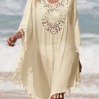 Dam Poncho-Kaftan Strandtunika Med Virkad Detalj och Toffsar – Bohemisk Semesterstil
