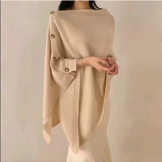 Dam Ponchokappa med Knappar – Elegant Stickad Vår & Höst Stil
