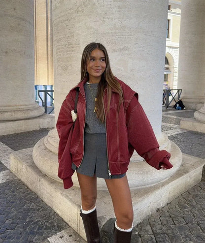 Damjacka – Oversized bomberjacka i PU-konstläder för streetwear och vardag