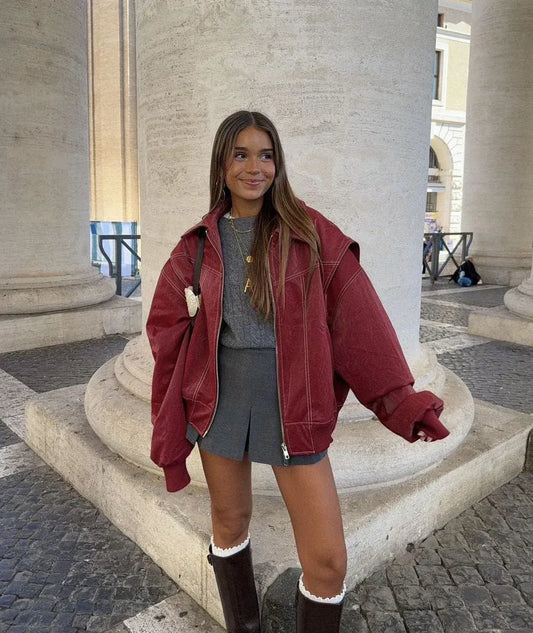 Damjacka – Oversized bomberjacka i PU-konstläder för streetwear och vardag