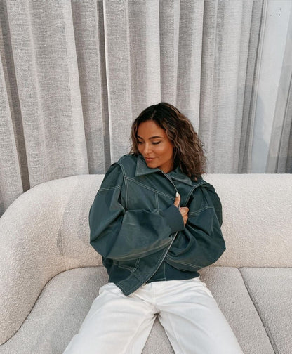 Damjacka – Oversized bomberjacka i PU-konstläder för streetwear och vardag