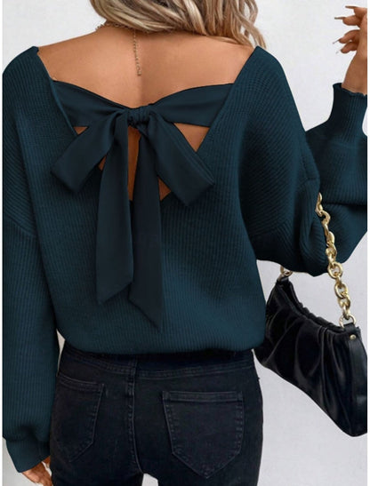 Kvinnors trendig stickad tröja med öppen rygg och rosett – perfekt för vardag och fest