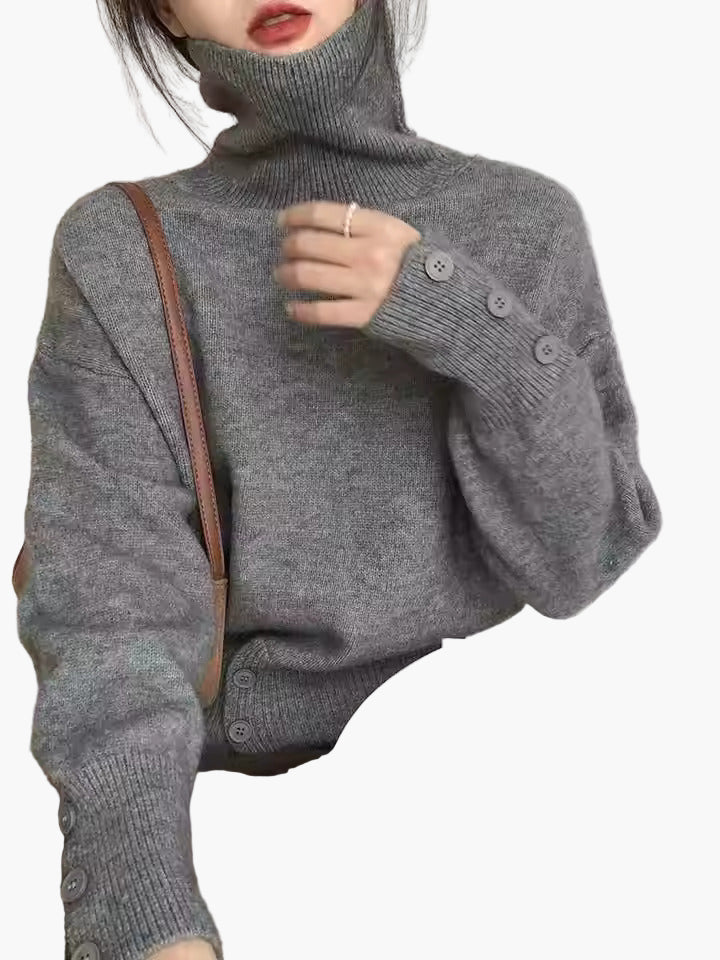 Damers Elegant Oversized Stickad Tröja med Knappar – Avslappnad Mode för Vardagsbruk