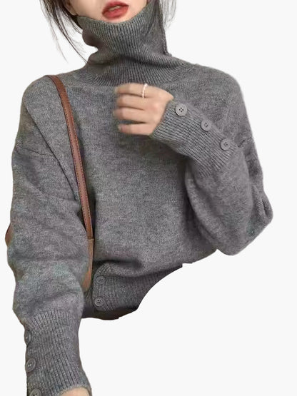 Damers Elegant Oversized Stickad Tröja med Knappar – Avslappnad Mode för Vardagsbruk