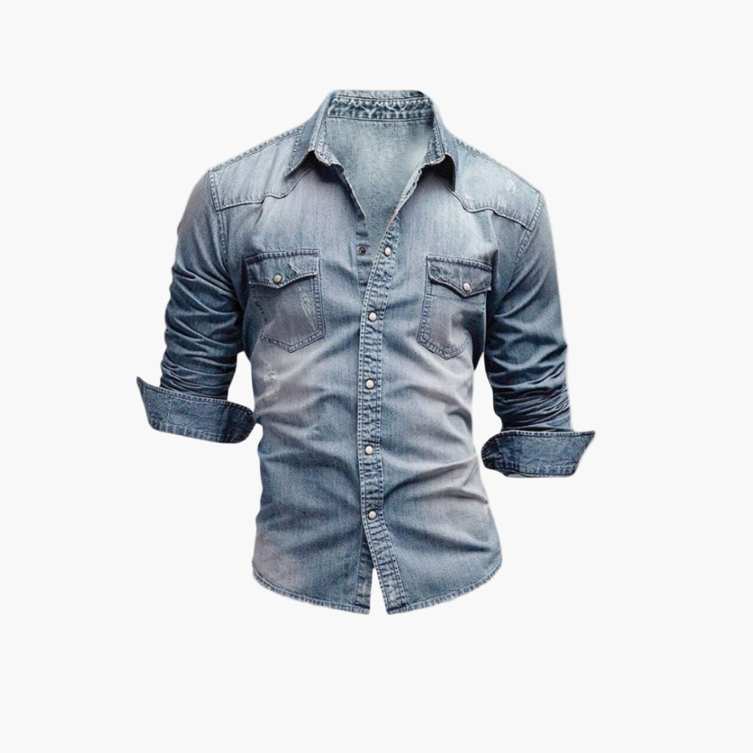 Herr Skjorta Denim Västerntstil med Tryckknappar – Tidlös Casual Look