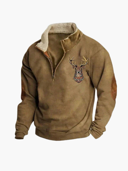Herrtröja med Kvartdragkedja och Broderad Hjort – Fritidsstil och Värme