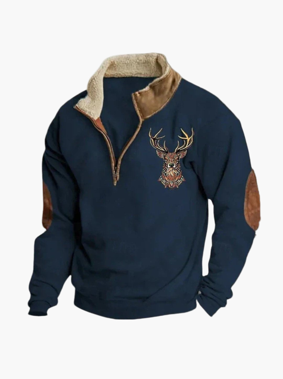Herrtröja med Kvartdragkedja och Broderad Hjort – Fritidsstil och Värme