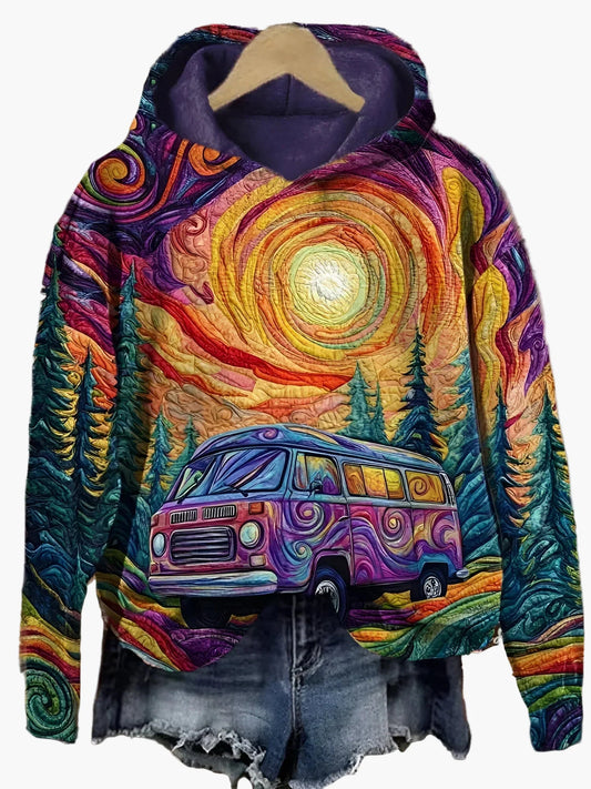 Damtröja med konstnärligt retrobussmotiv – Bohemisk hoodie för äventyr och vardag