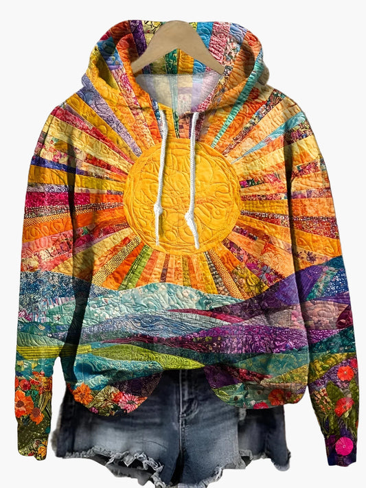 Damhoodie med färgstarkt soluppgångsmotiv – Bohemisk konststil, avslappnad vardagsanvändning