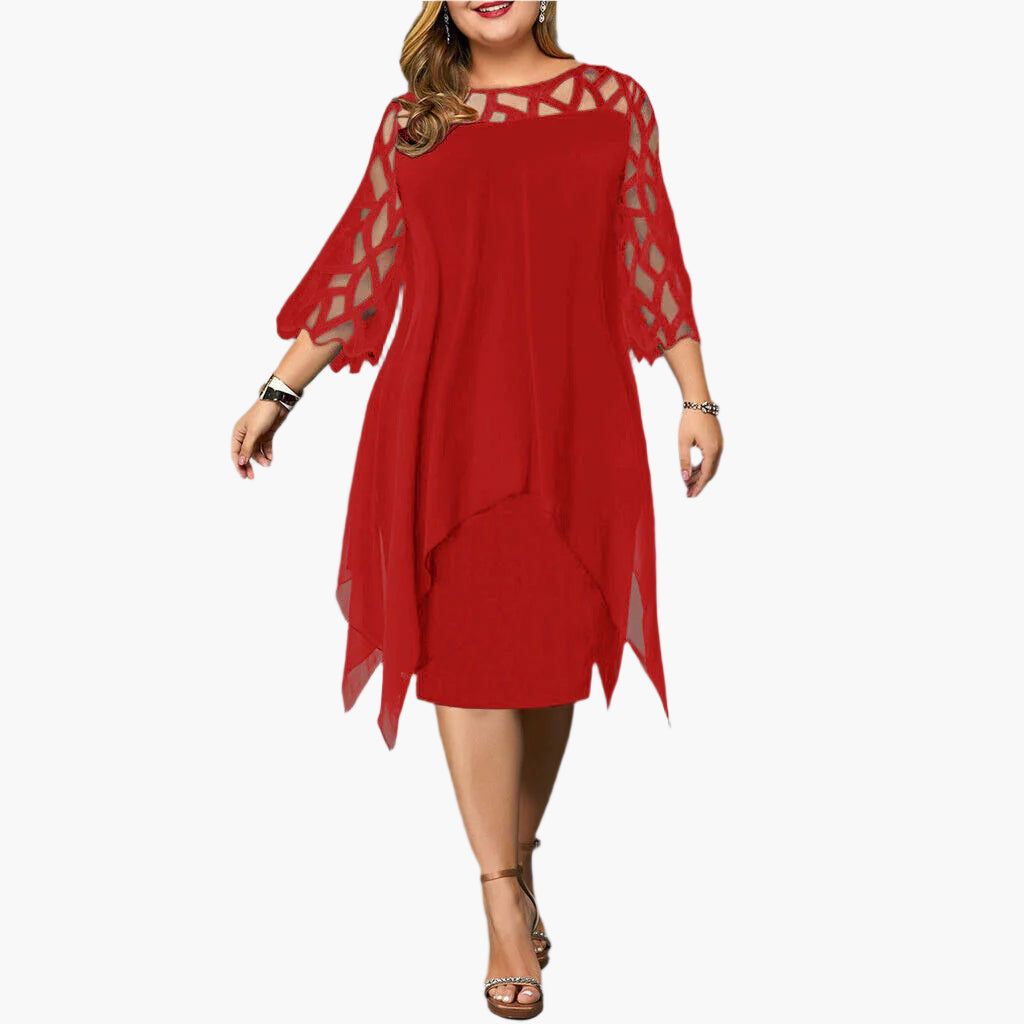 Dam Klänning Plus Size Elegant Festklänning med Spetsärmar och Midi Design