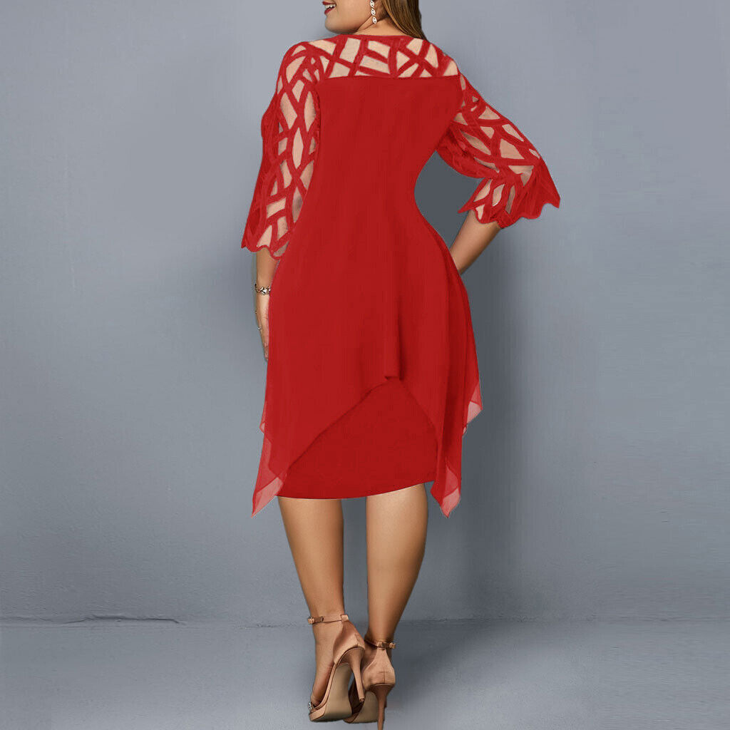 Dam Klänning Plus Size Elegant Festklänning med Spetsärmar och Midi Design