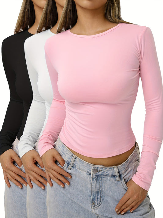 3Pcs Solid Color - Dam T-shirts i Basfärg